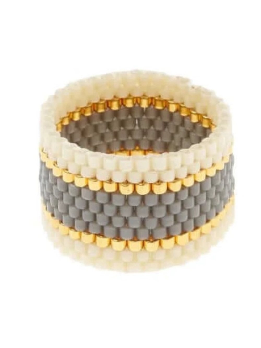 Maasai Beaded Ring Wide – Cream Grey & Gold Handmade woven mesh ring Sz M/L NEW